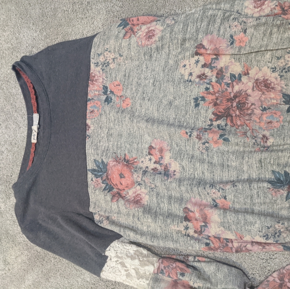 Pink, dark gray, and gray, floral shirt